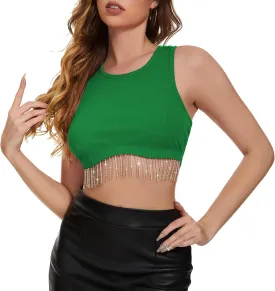 Zando Women Fringe Rhinestone Top Sparkly Sexy Concert Outfit Crop Tank Top Sleeveless Round Neck Fitted Tees