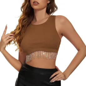 Zando Women Fringe Rhinestone Top Sparkly Sexy Concert Outfit Crop Tank Top Sleeveless Round Neck Fitted Tees